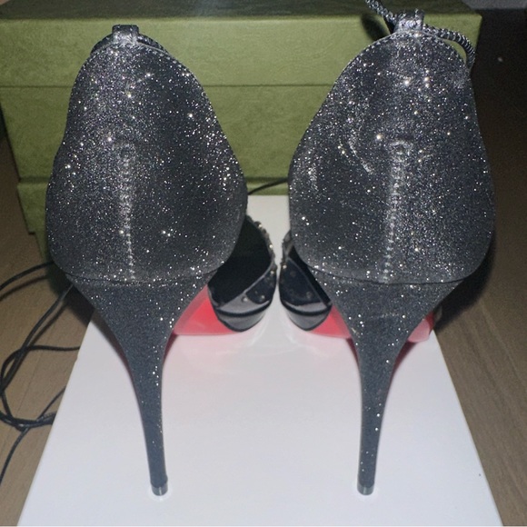 NEW Christian Louboutin Degratina Black Glitter Rhinestone PVC Sandal Tie Heels - Picture 9 of 11